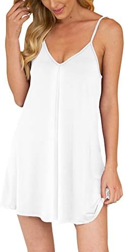 AUHEGN Nightgown for Women Loose Sleepwear V Neck Pajama Dress Soft Nightshirt Sleeveless Nightdress Chemise White Medium