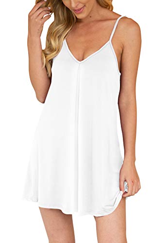 Auhegn Nightgown For Women Loose Sleepwear V Neck Pajama Dress Soft Nightshirt Sleeveless Nightdress Chemise White Medium #TOP3