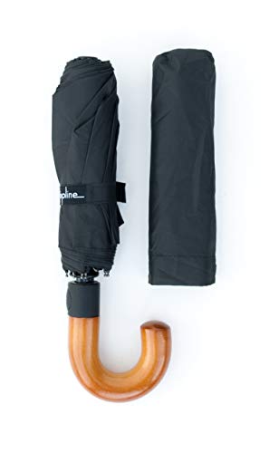 Topline Classic Compact Portable Black Travel Umbrella - Light Wood J-Hook Handle - Image 6