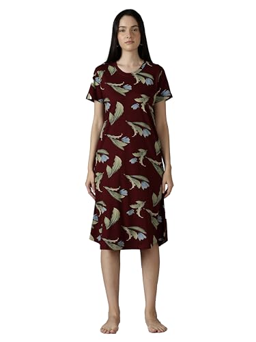 Image of 9shines Label Hosiery Cotton Knee Length Short Night Dress | Short Nighty for Women with Pocket | Graphic Print Nightwear | Night Gown for Women (M-7XL)