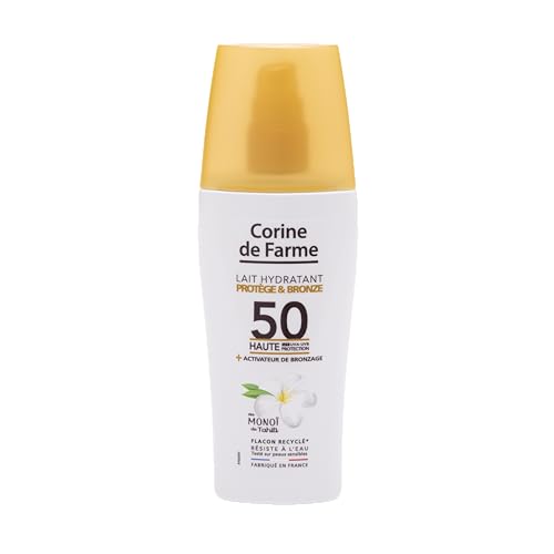 Corine de Farme, Lait Hydratant Protect & Bronze SPF50-150ml - Crème Solaire Hydratante au Monoï de Tahiti - Protection UV Haute - Pour Tous Types de Peau - Hâle Doré et Lumineux