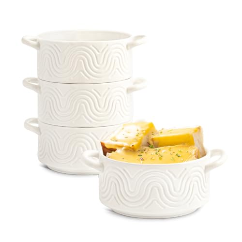 INSETLAN 20oz French Onion Soup Bowls with Handles, Set of 4 Ceramic Soup Crocks, Arch Design Ceramic Soup Bowls for Cheese,Chili, Beef Stew, Cereal, Pot Pies, Microwave & Oven Safe