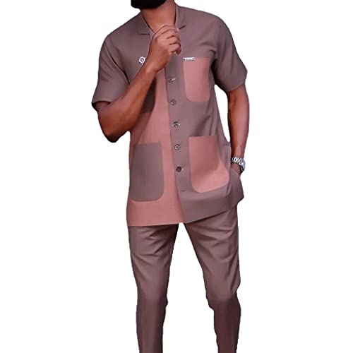Ensemble Dashiki Homme 2 Pièces avec Chemise Marron L et Pantalon à Poche
