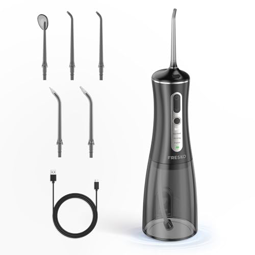 FRESKO Irrigador bucal inalámbrico, 300 ml, 4 modos, 45-105 PSI, batería de 2600 mAh, resistencia al agua IPX7, 5 boquillas para aparatos e implantes, X6A