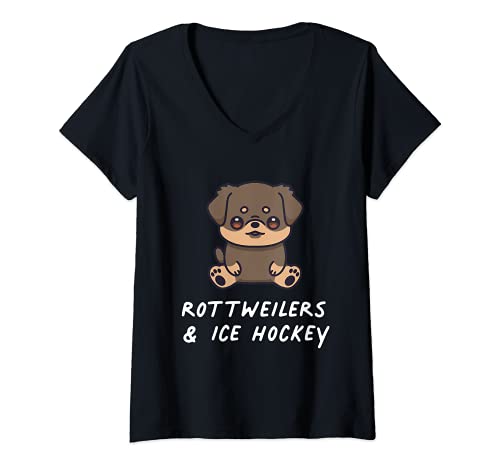 Mujer Rottweilers & Hockey sobre hielo Kawaii Dog Dueño del perro Camiseta Cuello V