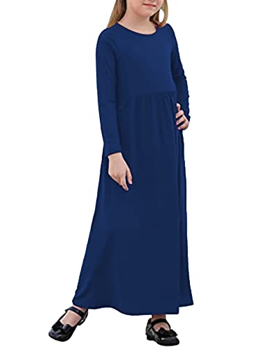 21Kids Girls Maxi Dress Kids Casual Long Sleeve Long Dresses With Pockets, Dark Blue, 10Years #TOP3