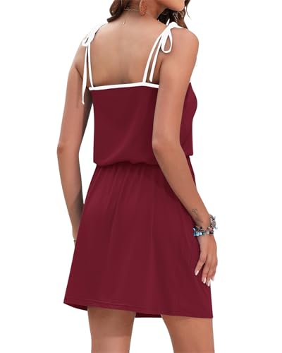 Image of AUSELILY Womens Summer Dresses Sleeveless Spaghetti Strap Beach Cover up Drawstring Waist Mini Short Dress with Pockets