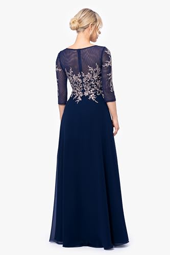 Betsy & Adam Women's Long 3/4 Sleeve Embroidered Chiffon Gown3