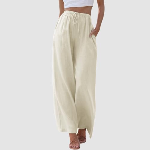 Women's Cotton Linen Summer Palazzo Pants Vacation Flowy Wide Leg Beach Trousers with Pockets3