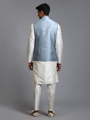 Image of VM Men's Grey And Cream Silk Blend Jacket, Kurta and Pyjama Set