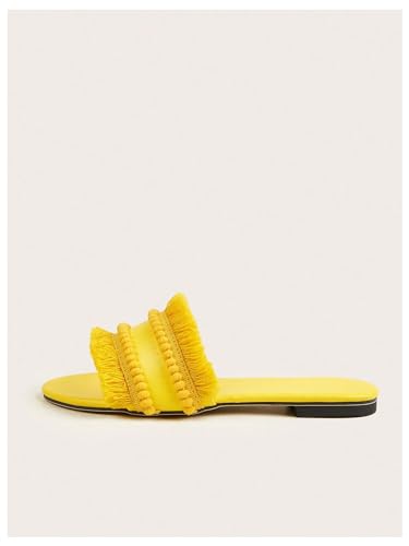Image of OYOANGLE Women's Fringe Straw Sandals Crochet Open Toe Single Band Flat Slip On Sandals