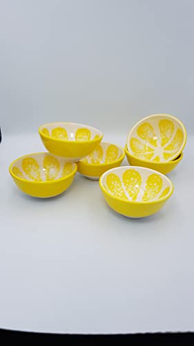 Kaira - Cute Ceramic Handpainted Fruit Design Mini Finger Bowls For Snack Ice Cream Condiment Rice Dessert Soy Sauce Salsa Cereal - Serving Dipping Pinch Dip Prep Cups - Set Of 6 (Yellow) #TOP4