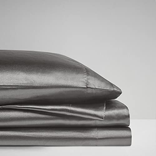 Image of Madison Park Essentials Satin Sheets Full Size Bed Set, 6 Piece, Grey | Luxury and Smooth Silky Bedding with Natural Sheen, All Around Elastic 14 inch Pocket fits up to 16 inch Mattress, Year-Round Cozy