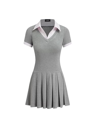 CIDER Mini Dress Collar Stripe Pleated Short Sleeve Knit Fabric Regular Fit Middle Waist Casual Dress