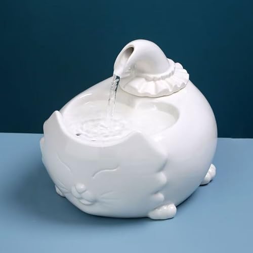 セラミック製猫用噴水、45オンス/1.3L 猫と犬用ペット用飲用噴水、猫用噴水磁器、活性炭フィルターと ポンプ付き猫用給水器,白