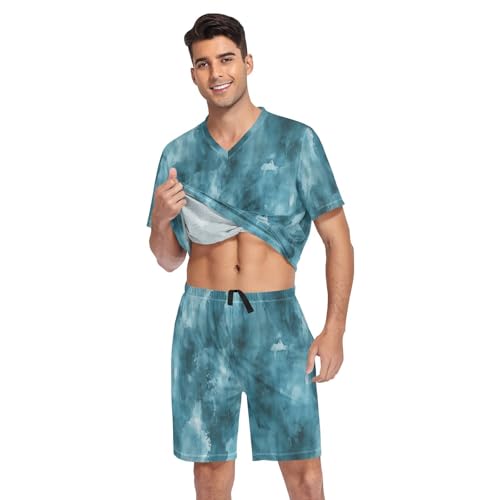 Dark Green Print Men’s Pajama Sets Short Sleeve Lounge Wear with Elastic Waistband and Drawstring3