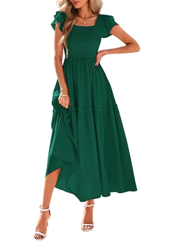 Image of KIRUNDO Smocked Summer Midi Dresses for Women 2026 | Flowy Long Dress, Ruffle Short Sleeve, Square Neck, Pocketed, Sundress for Casual, Church, Wedding Guest, Baby Shower