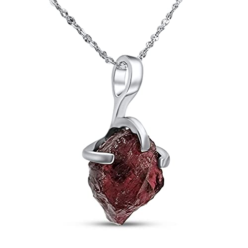 Natural raw garnet pendant chain necklace with white gold over 925 solid sterling silver, January birthstone dainty solitaire gift for her, uniquelan jewelry (garnet)