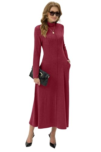 GRECERELLE Women's 2025 Fall Winter Casual Mock Neck Long Sleeve Flared Maxi Sweater Dress with Pockets (XS - 3XL)
