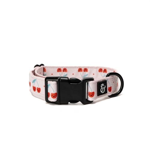 Lucy & Co. Cheery Cherries Dog Collar - Durable Lightweight Designer Collar for Pets - Adjustable Metal Safety Buckel - Red Gingham Cherries - Small