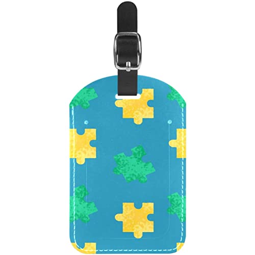 Green Yellow Jigsaw Pattern PU Leather Travel Bag Labels Suitcase Tags Personalized Design