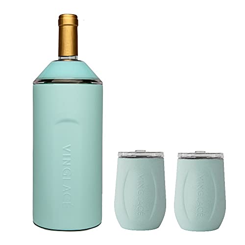 Vinglacé Wine Bottle Chiller Gift Set- Portable Stainless Steel Wine Cooler with 2 Stemless Wine Glasses, Sea Glass