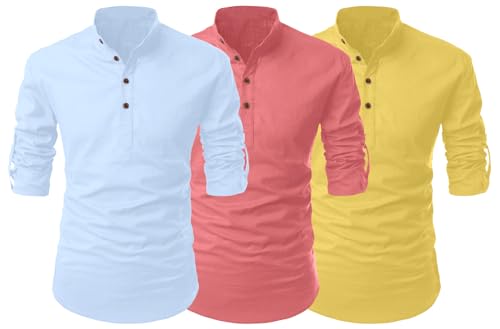 Image of FINIVO FASHION Combo of Men's Cotton Blend Solid Regular Fit Full Sleeve Straight Short Kurta Shirt, Casual and Formal Wear