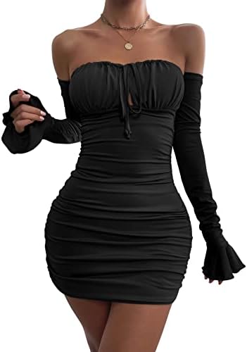XSTSUP Womens Sexy Off Shoulder Bodycon Mini Dress Long Sleeve Halter Ruched Slinky Party Club Short Dresses(M,Black)