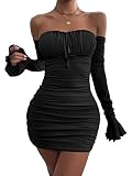 XSTSUP Womens Sexy Off Shoulder Bodycon Mini Dress Long Sleeve Halter Ruched Slinky Party Club Short