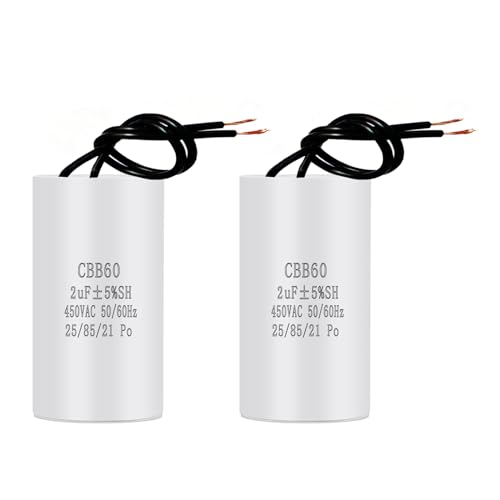 2 Piezas CBB60 450v 2uf 50/60HZ Condensador de Arranque, Condensador de Supresión de Arranque del Motor Microfaradio con Cable, Adecuado para Lavadora Bomba Ventilador Secadora