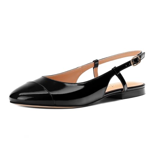 Women's Slingback Flats, Patent Leather Round Toe Ballet Flat Casual Flat Work Shoes, Low Heel Sandals Classic Dress Shoes with Buckle