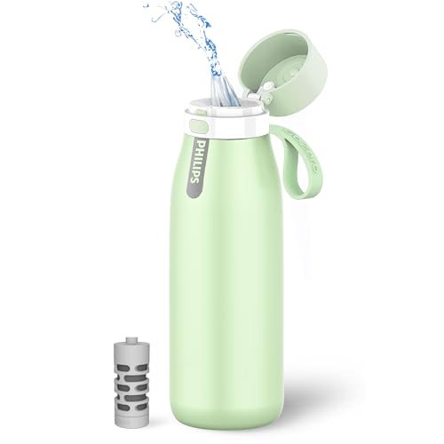 PHILIPS Water Bottle with Filter, Filter Water Bottle Stainless Steel with GoZero Everyday BPA-Free Tap Water Filter, Water Filter Bottle Keep Drink Cold 24 Hours, 1 Filter for 40 gal / 2 Months