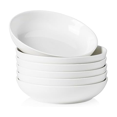 Kanwone Porcelain Pasta Bowls, 32 Ounce Salad Bowls - Set of 6, Shallow Soup Bowls Plates, Large Serving Bowl Set, Microwave and Dishwasher Safe, White Cover