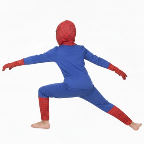 Image of ITSMYCOSTUME Superhero Costume for Kids Boys Girls | 4-Piece Fancy Dress Set with Mask & Gloves | Print Red Blue Suit | Birthday School Party Cosplay | Polyester Stretch Fit | 2-8 Years
