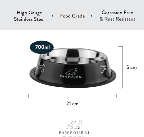 Image of Combo of Anti-Skid Feeding Bowls for Dogs, Cats & Puppy Pet Bowl Pack 2 Stainless Steel Pet Bowl (700 ml Each, Black & Orange)