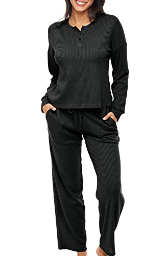 Alexander Del Rossa Women's Ribbed Waffle Knit Henley Pajamas Set
