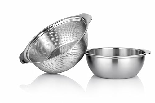 Image of 2 Pcs Set Stainless Steel Colander with Mixing Bowl Set - Vegetable & Fruit Washing Strainer, Pasta Rice Drainer, Kitchen Strainer Bowl, Multipurpose Food Prep Colander (Combo)