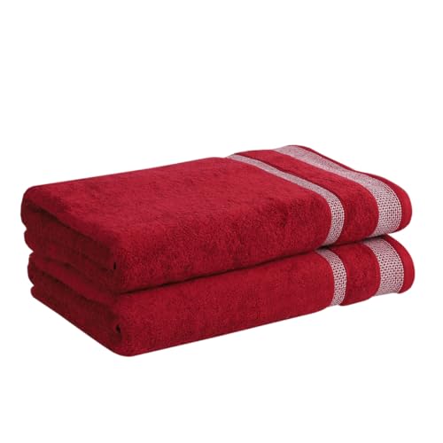 Mafatlal Daffodil Cotton Heavy Bath Towels | 550 GSM | 70 x 140 cm | Long Size, Soft & Absorbent Fabric | Set of 2 | All-Purpose Towels | RED