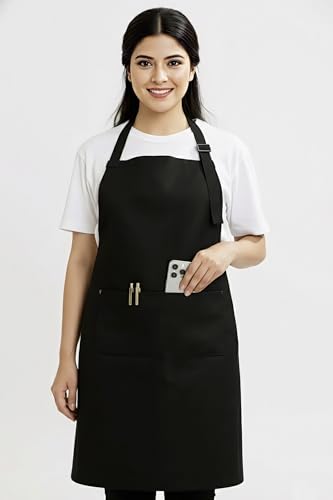 Image of Professional Waterproof Apron for Kitchen /Chef | Black cotton with PVC Coating | Adjustable Bib, 36 Inch Long, 2-Part Utility Pocket (Unisex Apron)