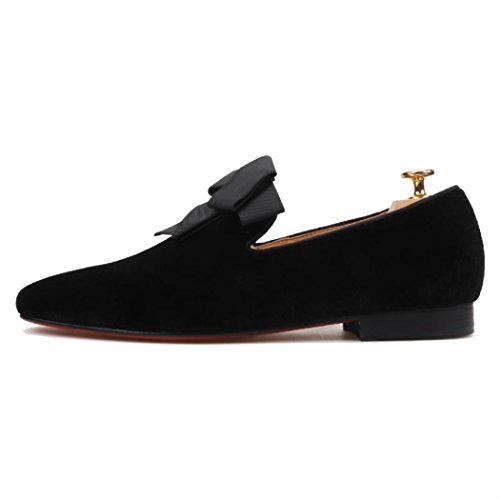 Ferucci Handmade Men Black Velvet With Black Ribbon Bow Slippers Loafers (12) #TOP2