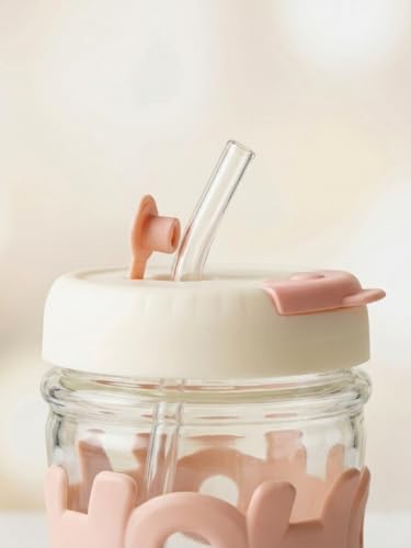 Image of Kavora Glass Water Tumbler with Straw and Lid Sealed Carry On Thick Wall Iced Coffee Cup Glass Sipper Cup for Water, Iced Tea Fruit Juice Set of 1, 400ml (Clear) (Pink)