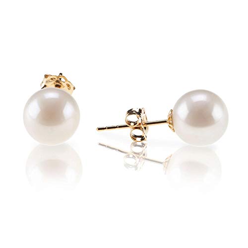 NRRN 18K Gold Plated Sterling Silver Round Stud White Simulated Shell Pearl Earrings