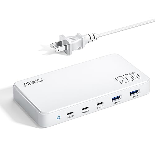 120W USB C Charger for MacBook Pro, 5-Port GaN3 100W Max Charging Station for MacBook Air Laptop, Google, Pixelbook, ThinkPad, Dell XPS, iPad Pro, Galaxy S22/S20, iPhone 15/14/Pro, and More - White
