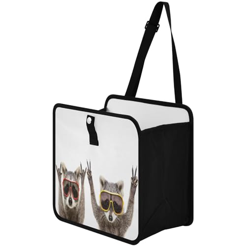 Image of Funny Raccoons Sunglasses Animal Foldable Hanging Car Trash Bag Bin Auto Garbage Can Leak-Proof Car Organizer(Large)