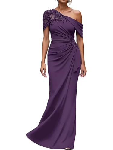 Eggplant Lace Applique Mother of the Groom Dress for Wedding One Shoulder Mermaid Chiffon Formal Evening Gowns US10