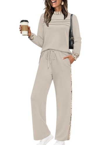 Image of WIHOLL Two Piece Sets for Women Fall Travel Vacation Outfits 2026 Long Sleeve Lounge Sets Side Slit Wide Leg Pants XS-3XL