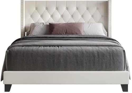 Image of Wooden Modern Upholstered Queen Size Bed for Bedroom | Wooden Double Bed Without Storage | Platform Cot Upholstered Bed with Upholstery Fabric | Engineered Wood | 6.5 x 5 Ft | White Cassius