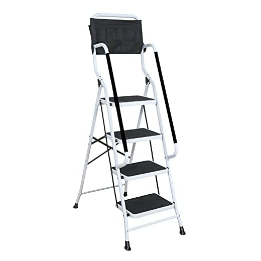 SUPPORT PLUS Folding 4-Step Safety Step Ladder - Step Stool with Padded Side Handrails, Tool Pouch Caddy, Wide Steps