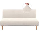 H.VERSAILTEX Armless Futon Cover Stretch Sofa Bed Slipcover Protector Elastic Feature Rich Textured High Spandex Small Checks Jacquard Fabric Futon Cover, Machine Washable, Ivory