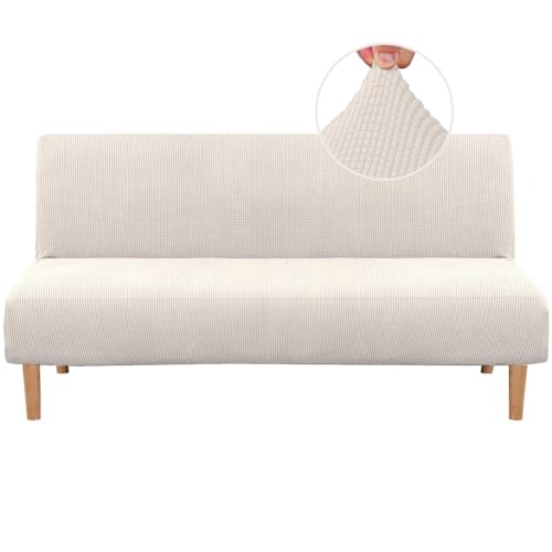 H.VERSAILTEX Armless Futon Cover Stretch Sofa Bed Slipcover Protector Elastic Feature Rich Textured High Spandex Small Checks Jacquard Fabric Futon Cover, Machine Washable, Ivory, One